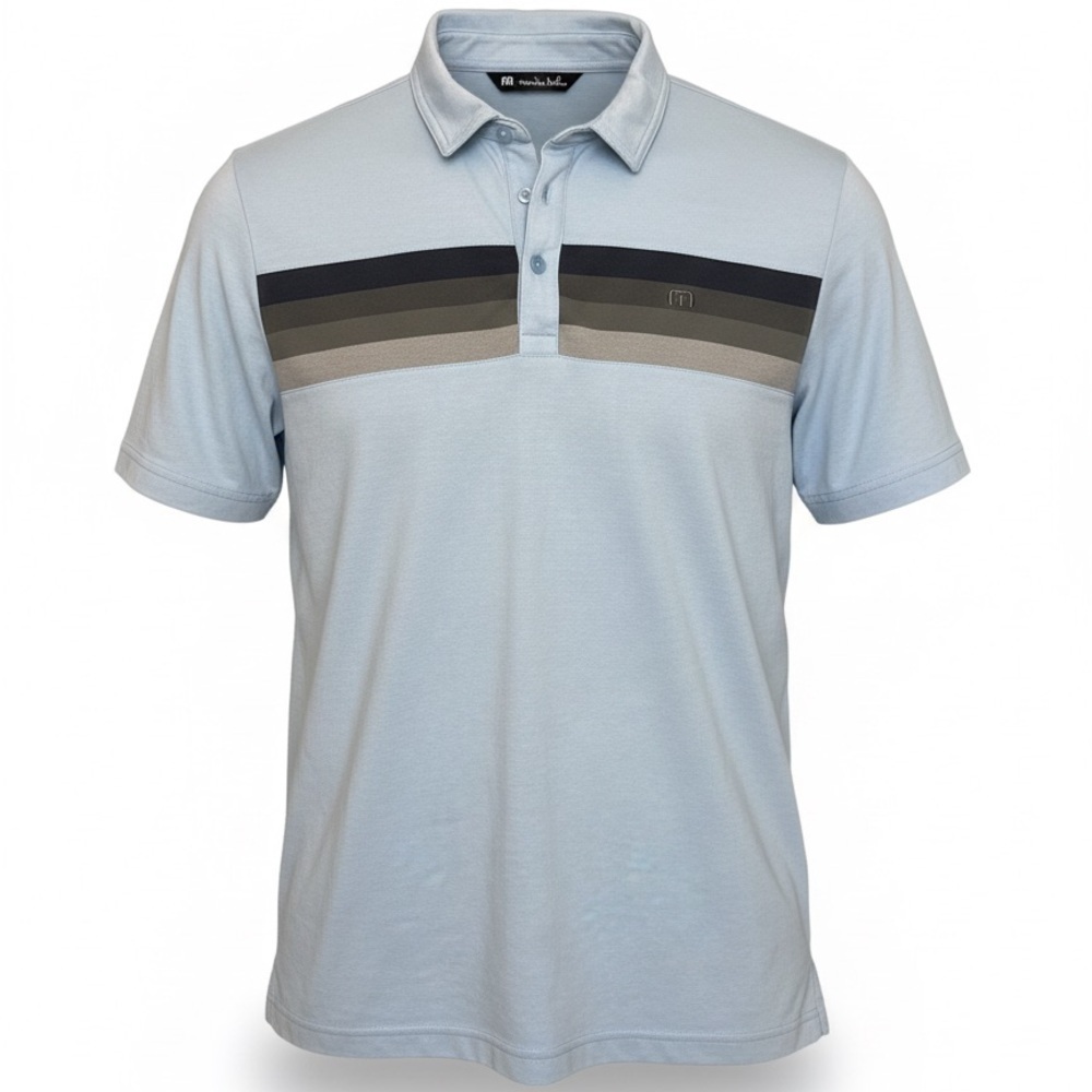 TravisMathew Golf Polo Shirt Mens Large Blue Stripe Performance Pima Cotton